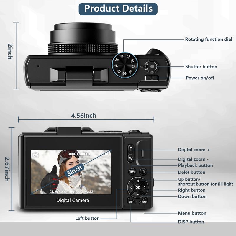 📸 4K Ultra HD Digital Camera – 64MP with 180° Flip Screen, Zoom & Dual Batteries