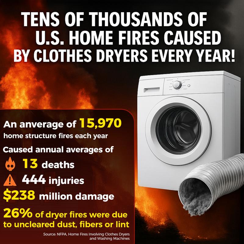 Two-piece dryer vent cleaning kit: Includes a lint brush and a vacuum hose.