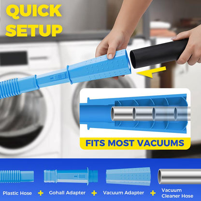 Two-piece dryer vent cleaning kit: Includes a lint brush and a vacuum hose.