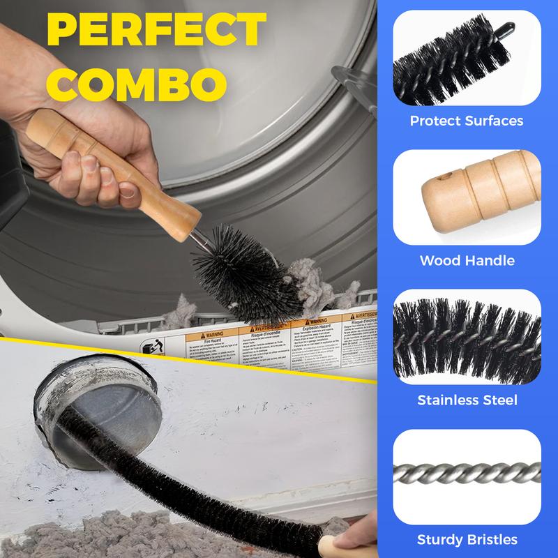 Two-piece dryer vent cleaning kit: Includes a lint brush and a vacuum hose.